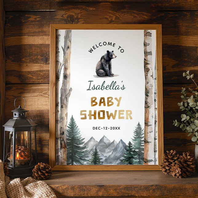 Oh Boy Adventure Begin | Woodland Bear Baby Dusche Poster (Welcome Sign)