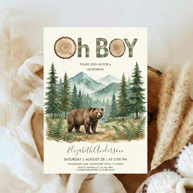 Oh Boy Adventure Woodland Bear Baby Shower Einladung (Von Creator hochgeladen)