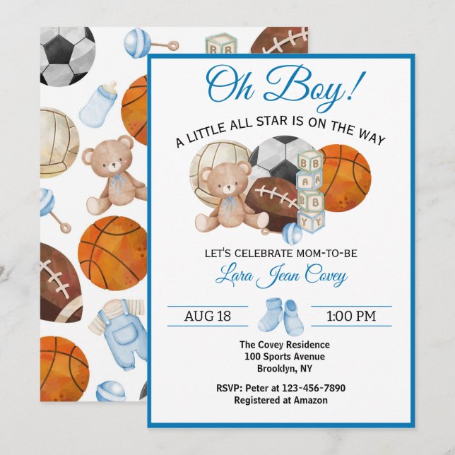 Oh Boy All Star Sport Baby Shower  Einladung (Vorne/Hinten)