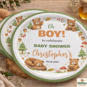 Oh Boy Aquarell Wald Bär Baby Shower Pappteller
