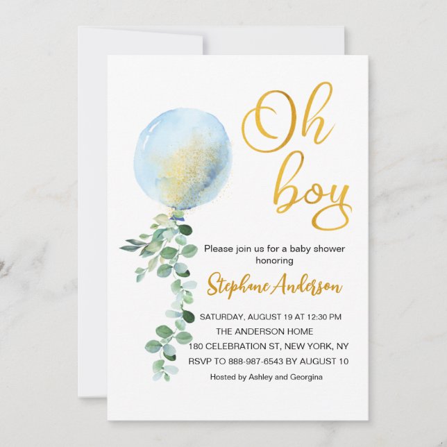 Oh Boy Baby Blue Balloon Eucalyptus Babydusche Einladung (Vorderseite)