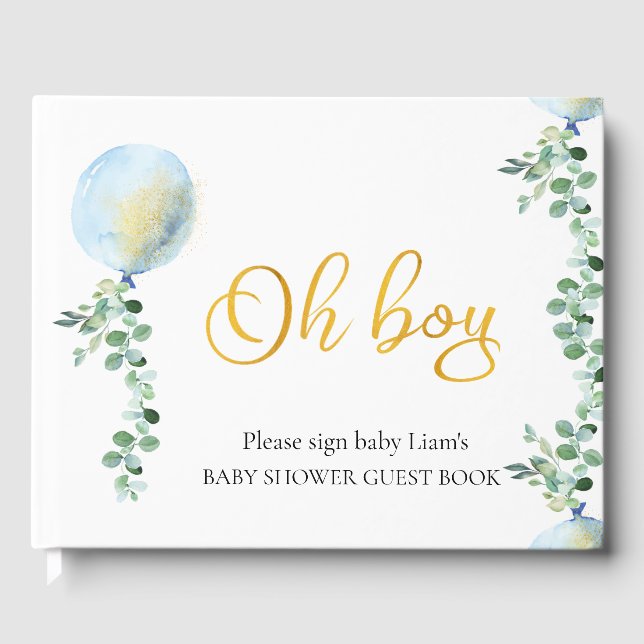 Oh Boy Baby Blue Balloon Eucalyptus Babydusche Gästebuch (Vorderseite)