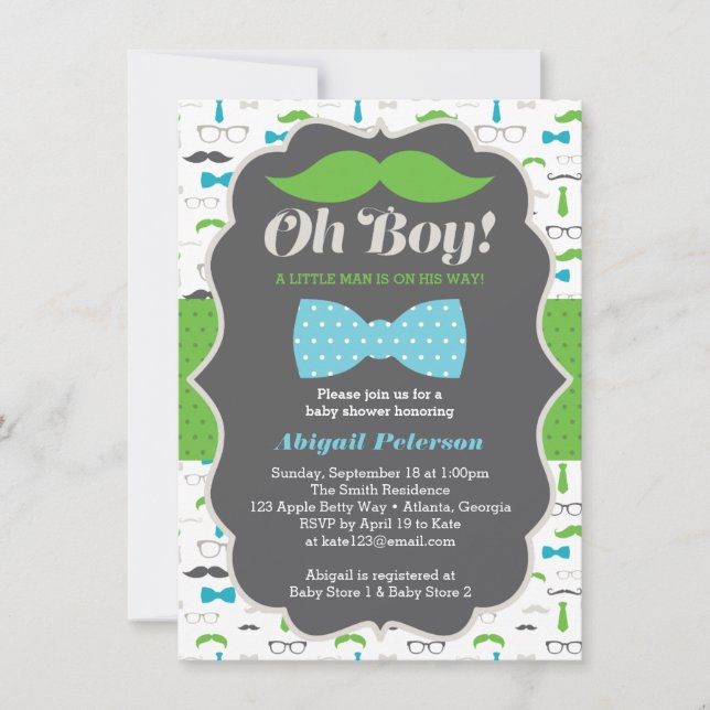 Oh, Boy Baby Dusche Einladung, blau, grün Einladung (Vorderseite)