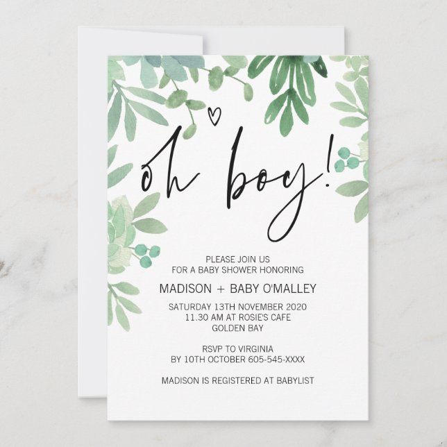 Oh Boy Baby Dusche Party Grünpflanzen Sukkulente Einladung (Vorderseite)