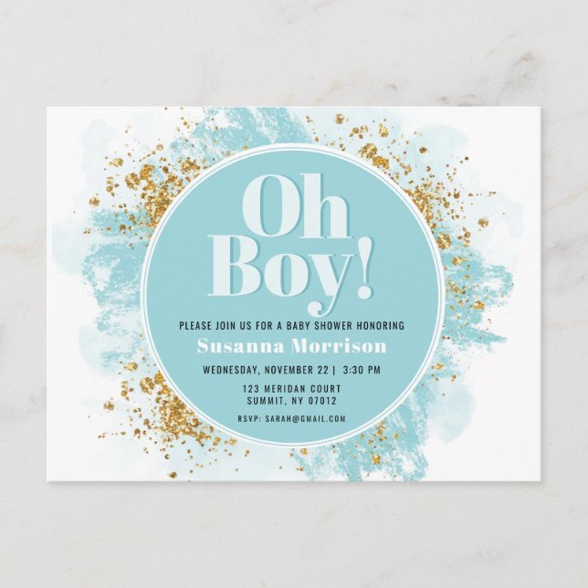 Oh, Boy Baby Dusche Wasserfarbe Glitzer Einladung Postkarte (Vorderseite)