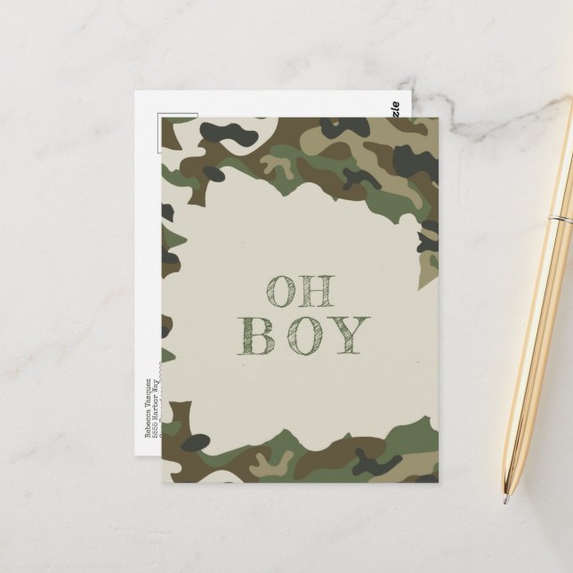 Oh, Boy Baby Duwer Green Camouflage Einladung Postkarte (Vorderseite/Rückseite Beispiel)