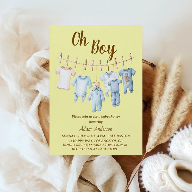 Oh Boy Baby Shower | Blue Clothesline Theme Einladung (Von Creator hochgeladen)
