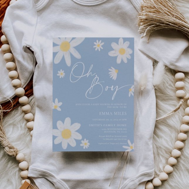 Oh Boy Baby shower Invitation Dusty Blue Daisy (Créateur téléchargé)