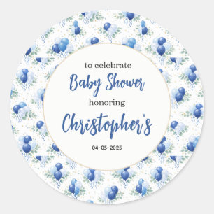 Oh Boy Baby Shower Moderne Eukalyptus Blaue Ballon Runder Aufkleber