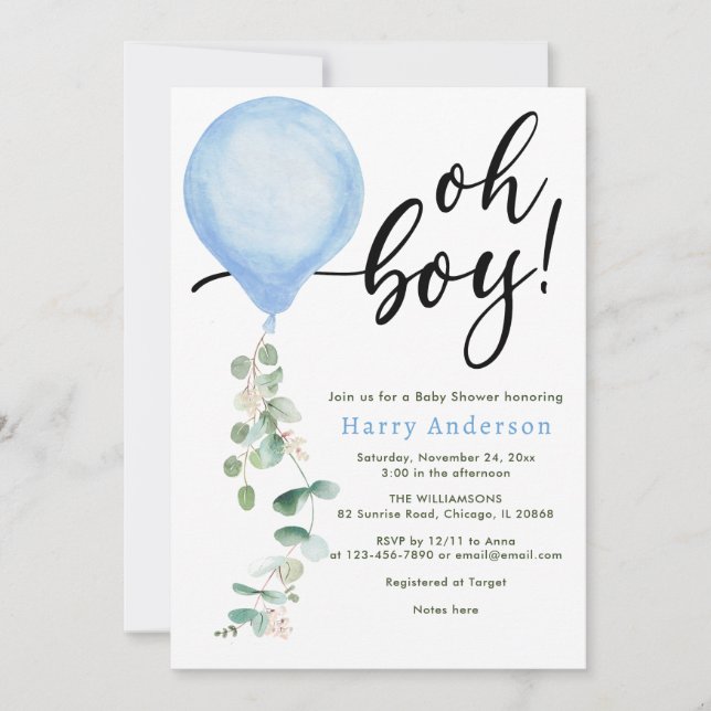 Oh Boy Ballon Grün eucalyptus Baby Dusche Inv Einladung (Vorderseite)