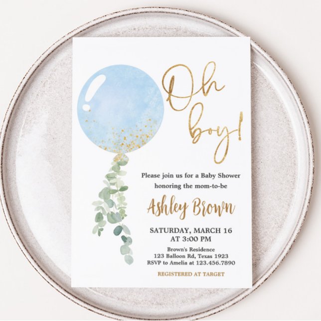 Oh Boy Balloon Baby Dusche Einladung (Blue Balloon Eucalyptus Baby Shower Invitation)