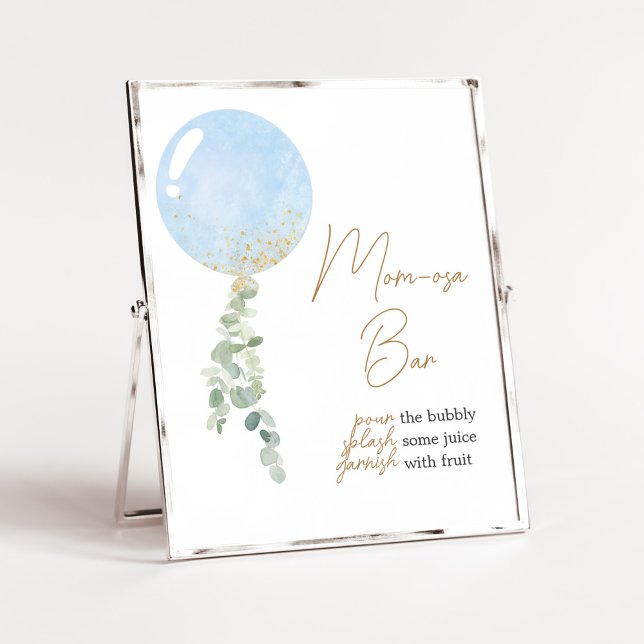 Oh Boy Balloon Baby Dusche Mama Osa Bar Poster (Blue Balloon Eucalyptus Baby Shower Mom Osa Bar Sign)