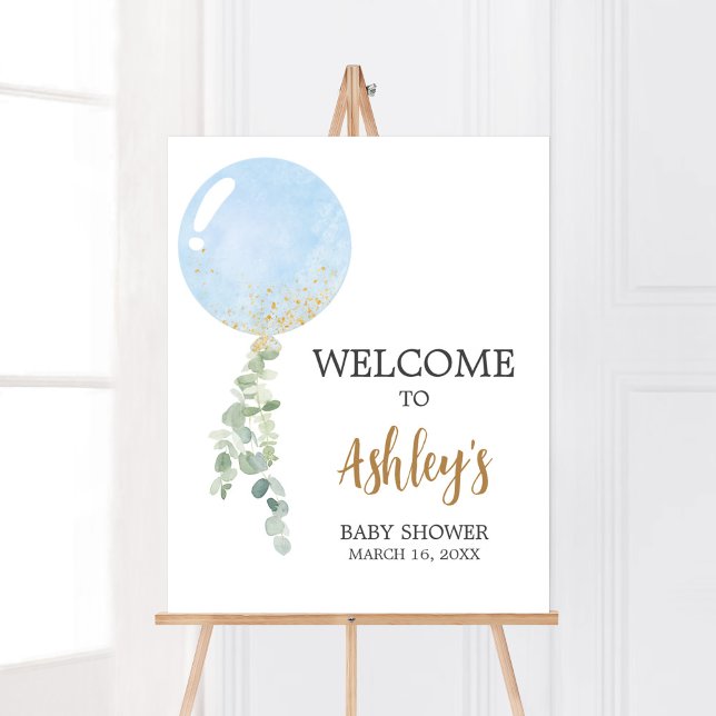 Oh Boy Balloon Baby Dusche Willkommen Poster (Blue Balloon Eucalyptus Baby Shower Welcome Sign)