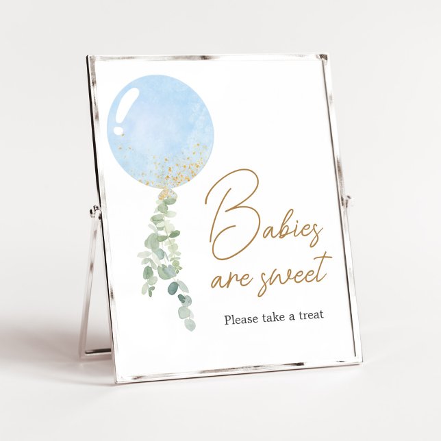 Oh Boy Balloon Baby Shower Babys sind süß Poster (Blue Balloon Eucalyptus Baby Shower Babies are Sweet Sign)