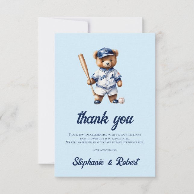 Oh Boy Baseball Baby Dusche Niedlicher Bär Dankeskarte (Vorderseite)
