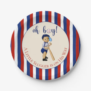 Oh Boy Baseball Rot Weiß Navy Blau Streifen Baby Pappteller