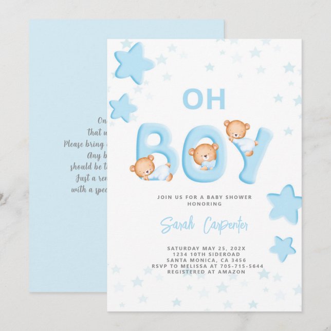 Oh Boy Bear Baby shower Boy Invitation (Devant / Derrière)