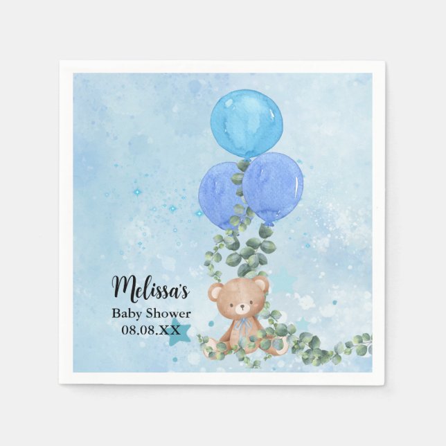 Oh Boy Bear Blue Ballon Eucalyptus Garland Custom Serviette (Vorderseite)