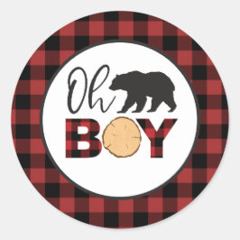 Oh Boy Bear Buffalo Plaid Baby Shower Runder Aufkleber