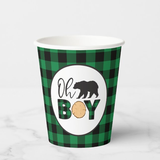Oh Boy Bear green Buffalo Kariert Baby Dusche Pappbecher (Vorderseite)