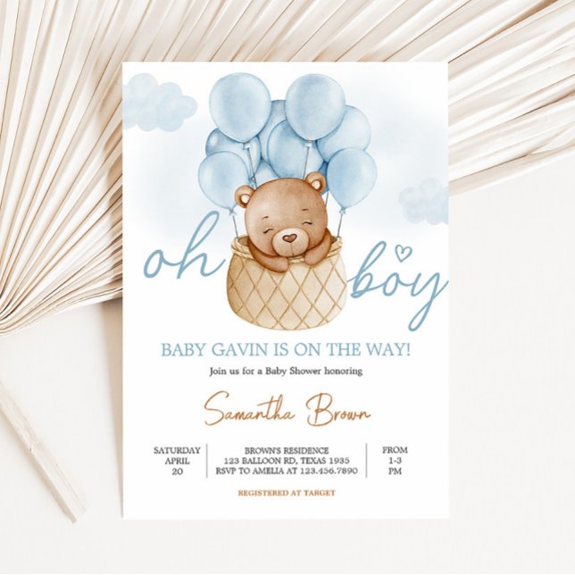 Oh Boy Bear Hot Air Ballon Babydusche Einladung (Blue Boho Bear Baby Shower Invitation)