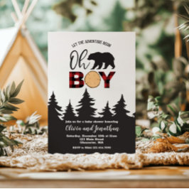 Oh Boy Bear Red Buffalo Plaid Baby Shower Einladung