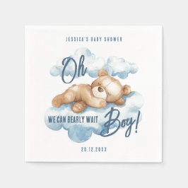 Oh Boy Bearly Wait Bear Blue Clouds Baby Dusche Serviette
