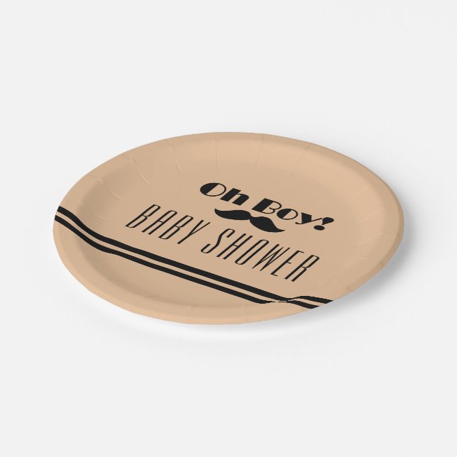 Oh Boy Black Mustache Baby Dusche Pappteller (Schrägansicht)