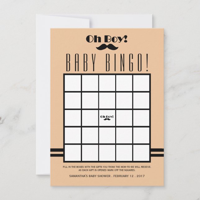 Oh Boy Black Mustache Baby Shower Bingo Einladung (Vorderseite)