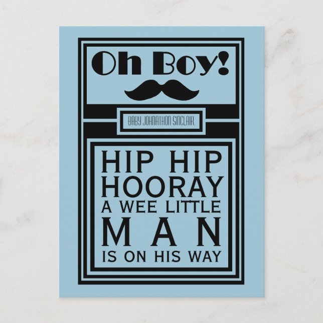 Oh Boy Black Mustache New Baby Boy Ankündigung (Vorderseite)
