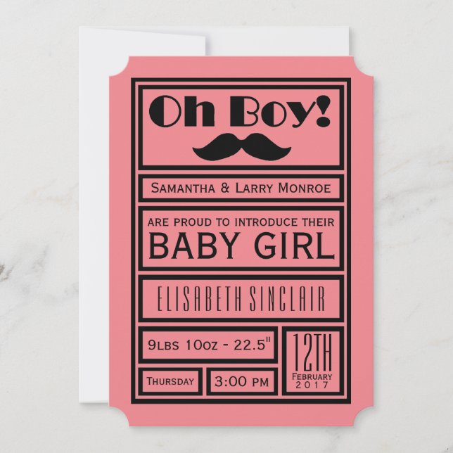 Oh Boy Black Mustache New Baby Girl Ankündigung (Vorderseite)