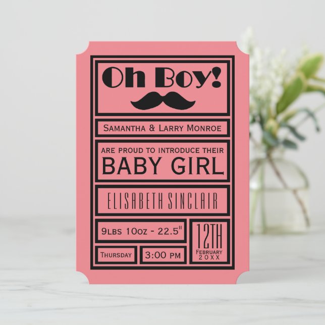Oh Boy Black Mustache New Baby Girl Ankündigung (Stehend Vorderseite)