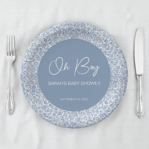 Oh Boy Blau-Weißes Blumenmuster-Baby-Shower Pappteller