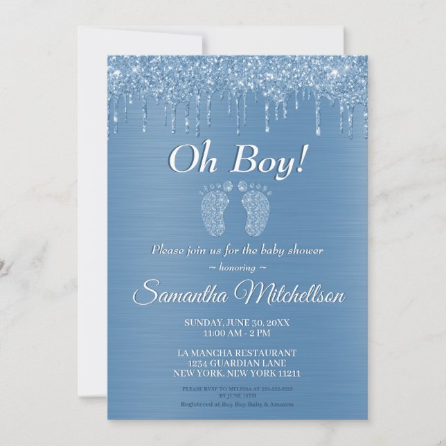 Oh Boy Blue Baby Dusche Glitzer Tropfen Baby Feet Einladung (Vorderseite)