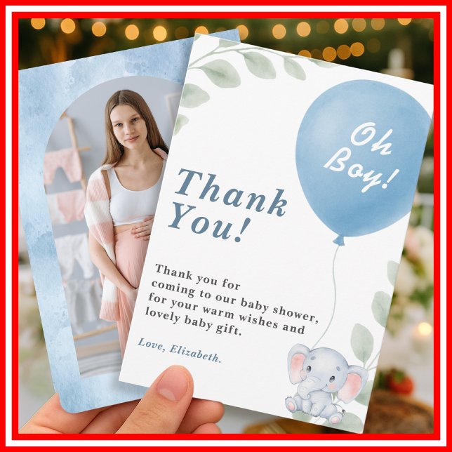 Oh Boy Blue Balloon Elephant Baby Shower PHOTO Dankeskarte (Von Creator hochgeladen)