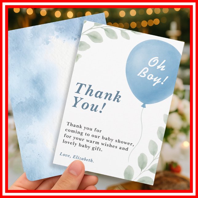 Oh Boy Blue Balloon Eucalyptus Baby Shower Dankeskarte (Von Creator hochgeladen)