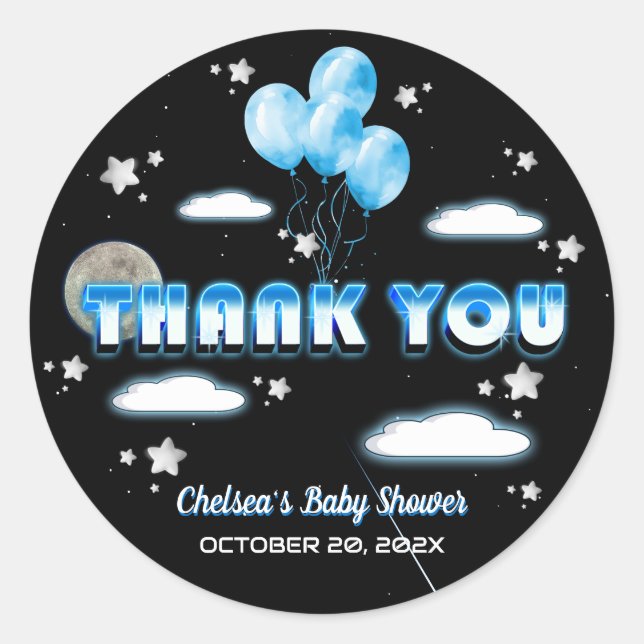 Oh Boy Blue Balloons Galaxy Baby Dusche Danke Runder Aufkleber (Vorderseite)