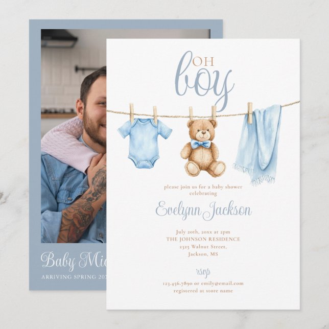 Oh Boy Blue Clothesline Baby Shower Photo QR Code Einladung (Vorne/Hinten)