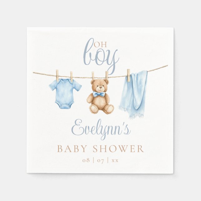 Oh Boy Blue Clothesline Baby Shower Serviette (Vorderseite)