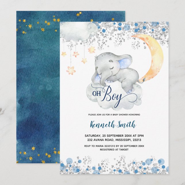 Oh Boy Blue Elephant Baby Dusche Einladung (Vorne/Hinten)