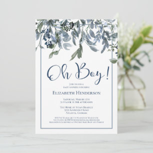 Oh Boy Blue Floral Greenery Baby Dusche Einladung