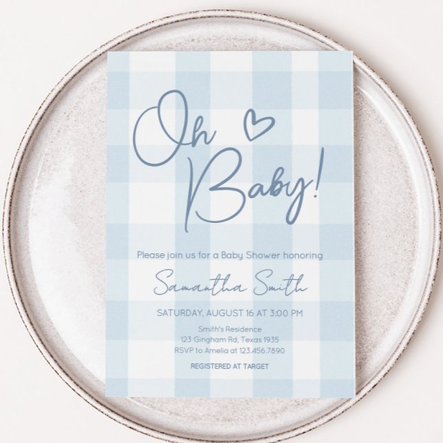 Oh Boy Blue Gingham Baby Shower Einladung ( Blue Gingham Oh Boy Baby Shower Invitation)