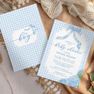 Oh Boy Blue Gingham Karo Hortensien Baby-Einladung Einladung