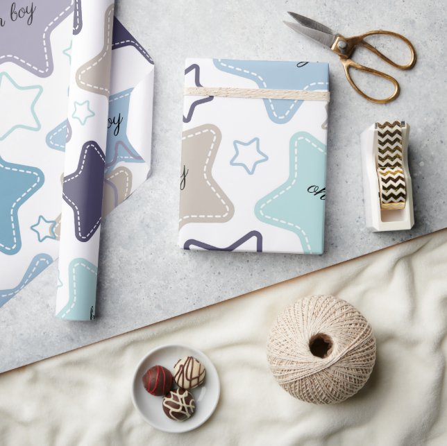 Oh Boy Blue Green Stars Baby Shower Baby Geschenk Geschenkpapier (Kunsthandwerk)