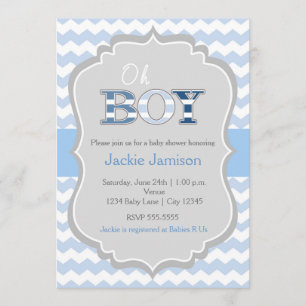 Oh Boy Blue Grey Chevron Baby shower Invitation