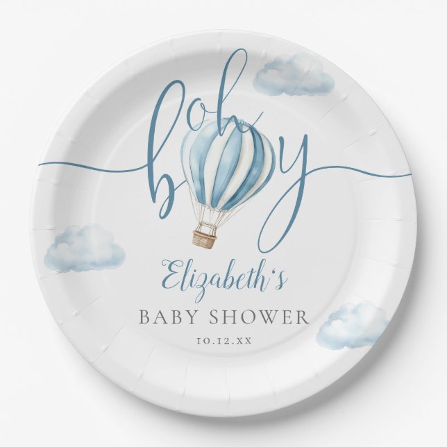 Oh Boy Blue Hot Air Ballon Babydusche Pappteller (Vorderseite)