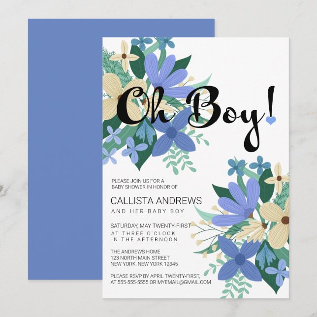 Oh Boy Blue Ivory Floral Bouquet Baby Dusche Einladung (Vorne/Hinten)