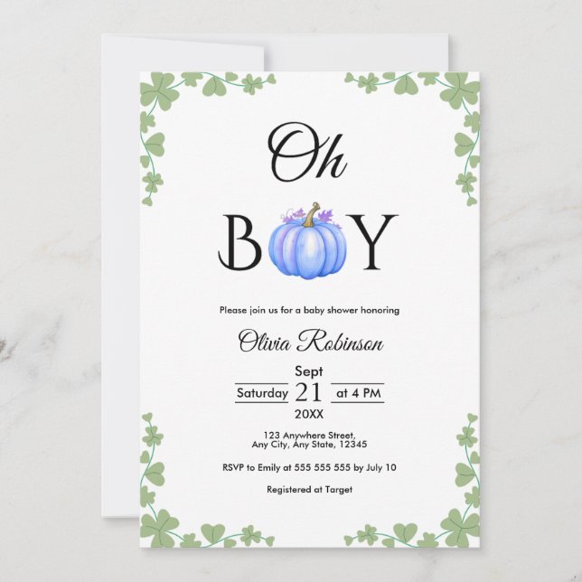 Oh Boy Blue Pumpkin Fall Baby Dusche Einladung (Vorderseite)