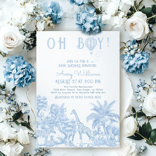 Oh, Boy Blue Toile Safari Animal Baby Dusche Einladung