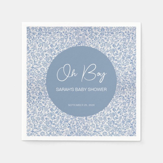 Oh Boy Blue und White Baby Dusche Blumenmuster Serviette (Vorderseite)